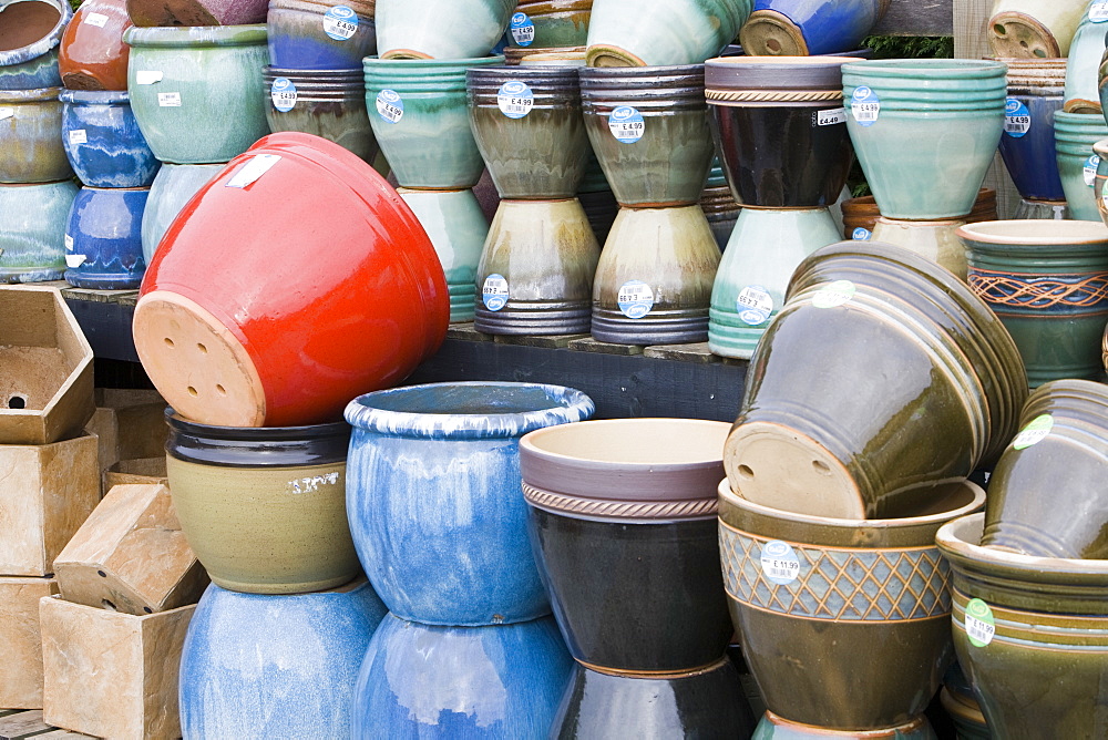 Plant pots at a garden centre in Lincoln, Lincolnshire, England, United Kingdom, Europe