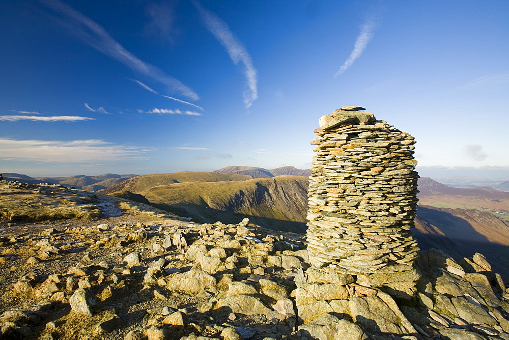 A cairn on the summit of Dale Head in the Lake District above the Newlands Valley, Cumbria, England, United Kingdom, Europe