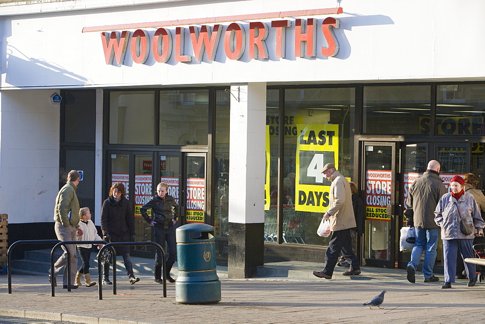 Sale signs four days before the business closed, on Woolworths in Kendal, Cumbria, England, United Kingdom, Europe