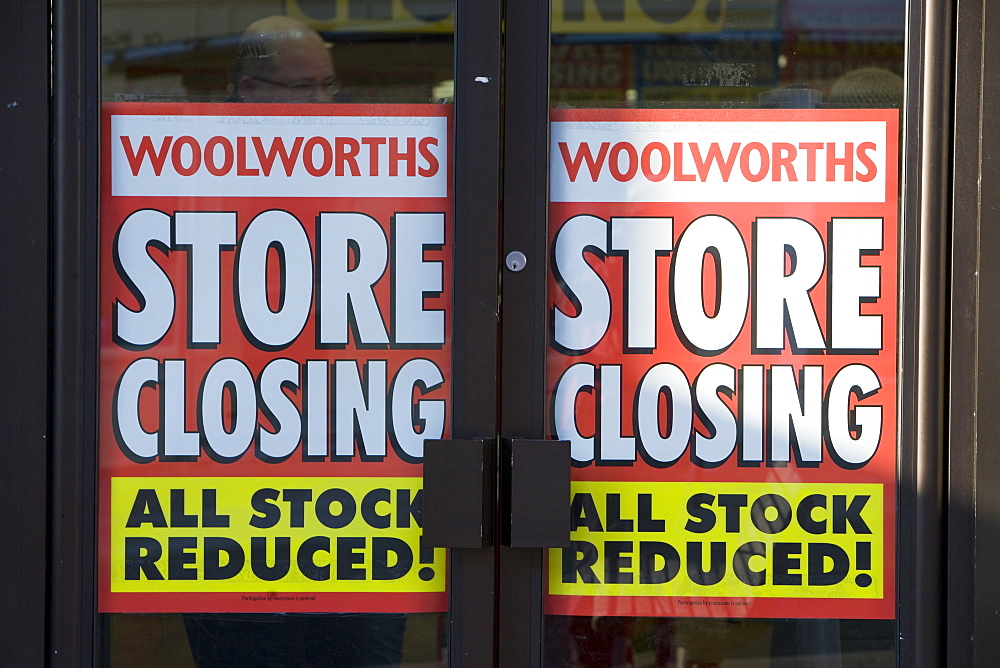 Sale signs four days before the business closed, on Woolworths in Kendal, Cumbria, England, United Kingdom, Europe