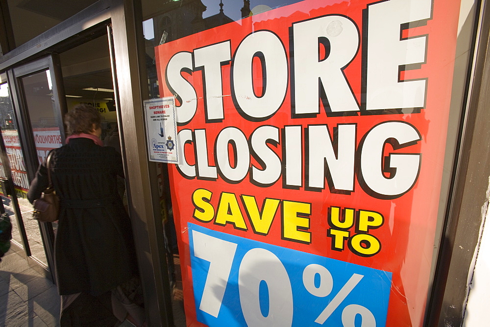 Sale signs four days before the business closed, on Woolworths in Kendal, Cumbria, England, United Kingdom, Europe