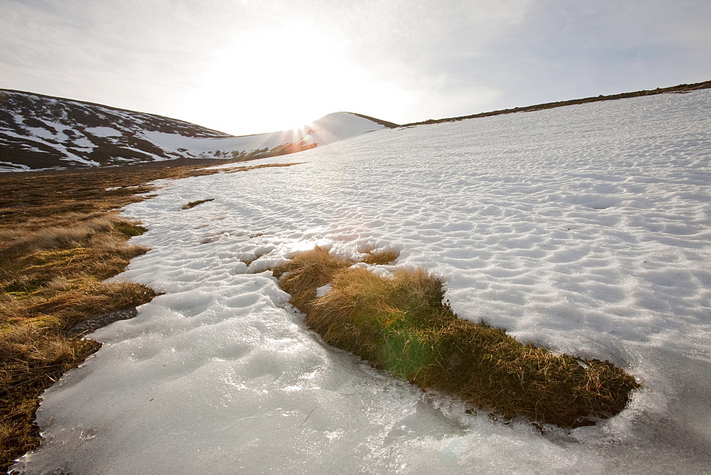 Snow melting in spring in the Cairngorm mountains in Scotland, United Kingdom, Europe