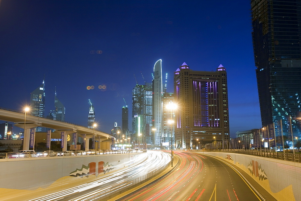 Traffic in Dubai at dusk, United Arab Emirates, Middle East