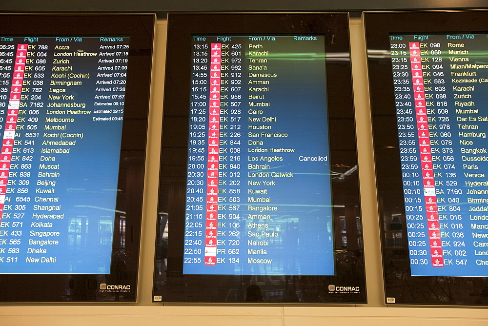 Times of flights in Dubai airport, United Arab Emirates, Middle East