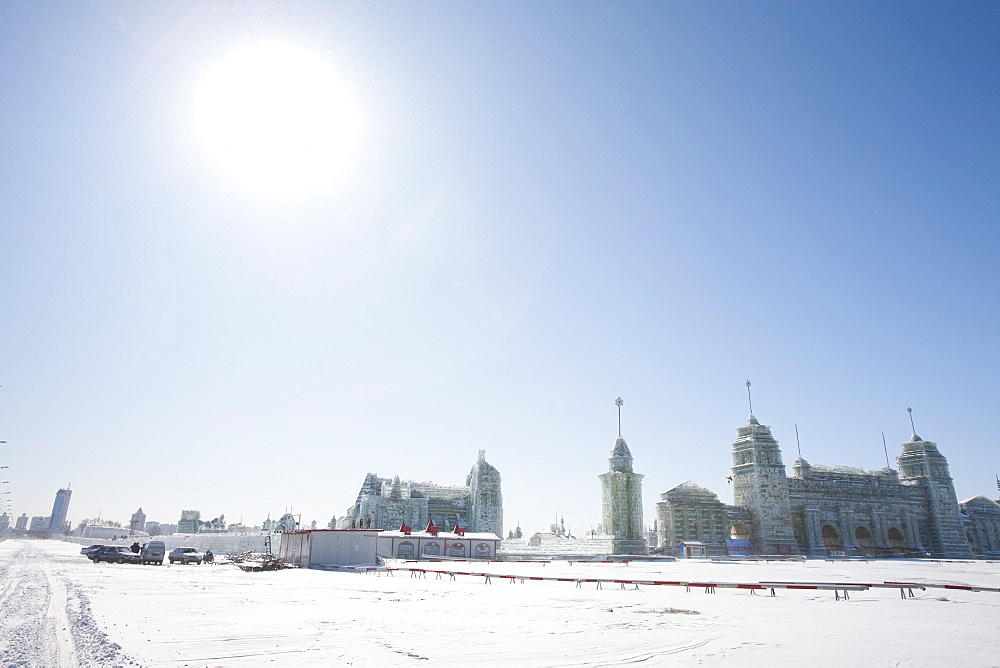 An ice palace built with blocks of ice from the Songhue River in Harbin, Heilongjiang Province, Northern China, Asia