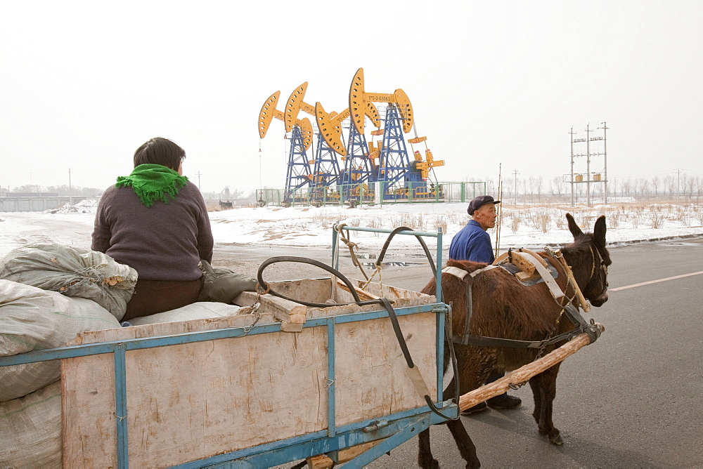 A peasant farmer and his donkey cart in front of nodding donkey oil pumps pumping oil up from the Daqing oil field in Northern China, Asia