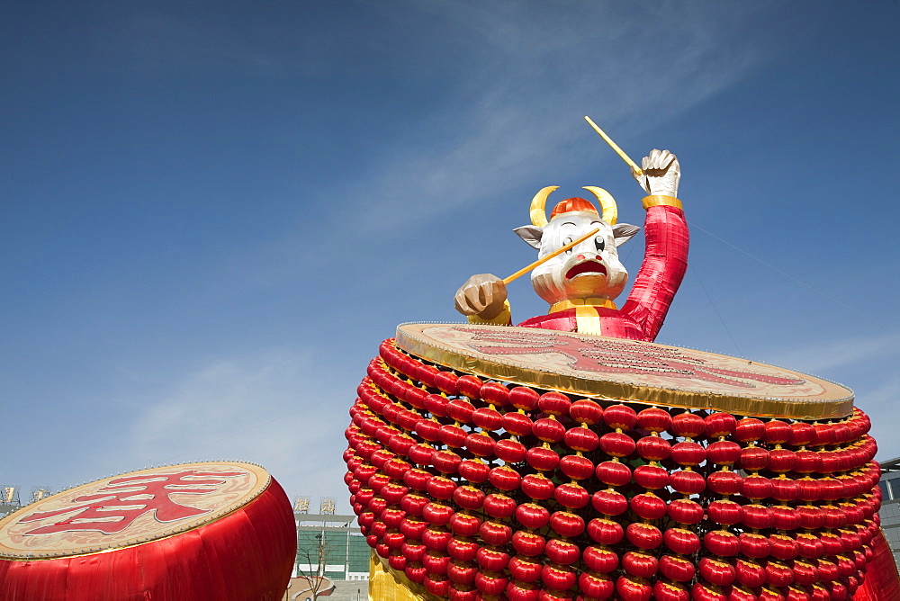 Chinese drummer art work composed of Chinese lanterns in Dongsheng, Inner Mongolia, China, Asia