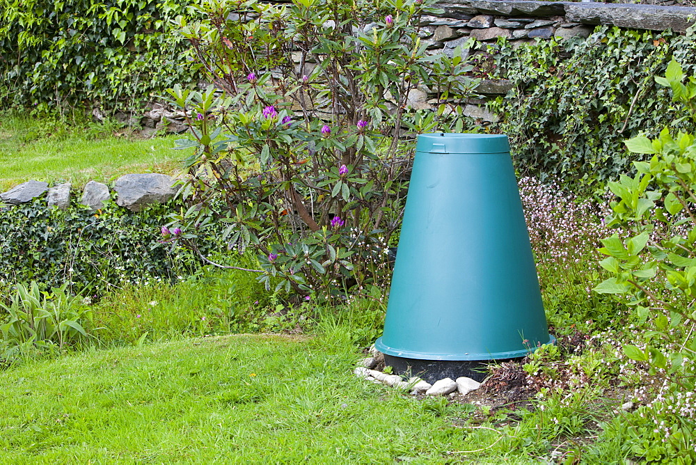 A cone food waste digester in a garden in Ambleside, Lake District, Cumbria, England, United Kingdom, Europe