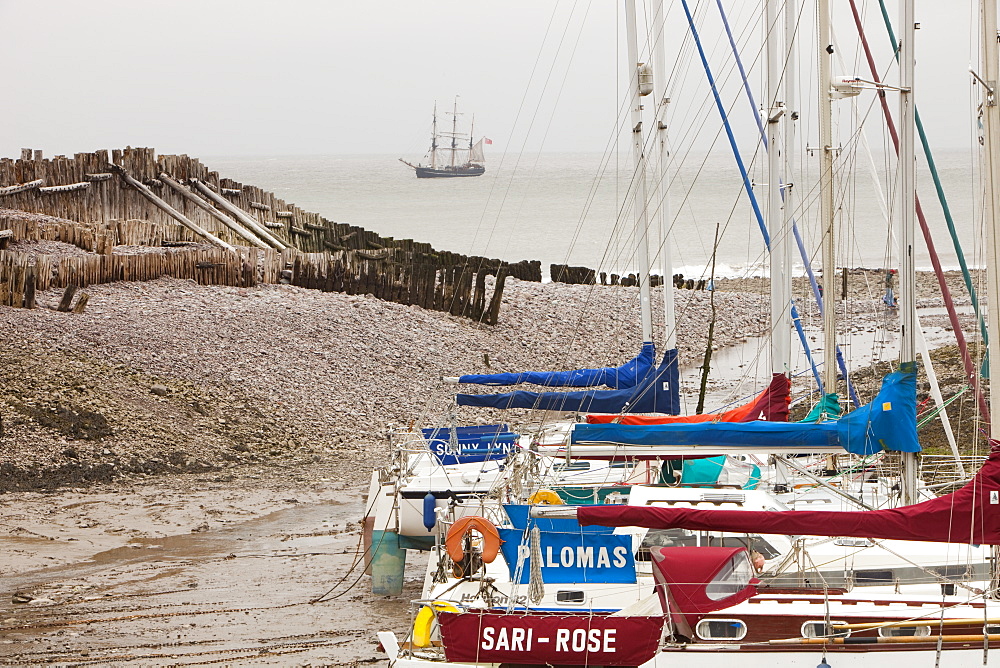 A sailing ship off Porlock Weir on the Somerset Coast, England, United Kingdom, Europe