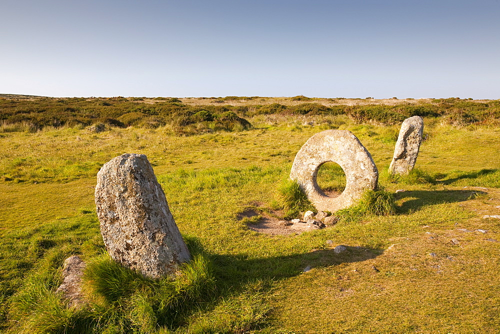 The famous Men an Tol stone near St. Just, a late Neolithic monument in Cornwall, England, United Kingdom, Europe