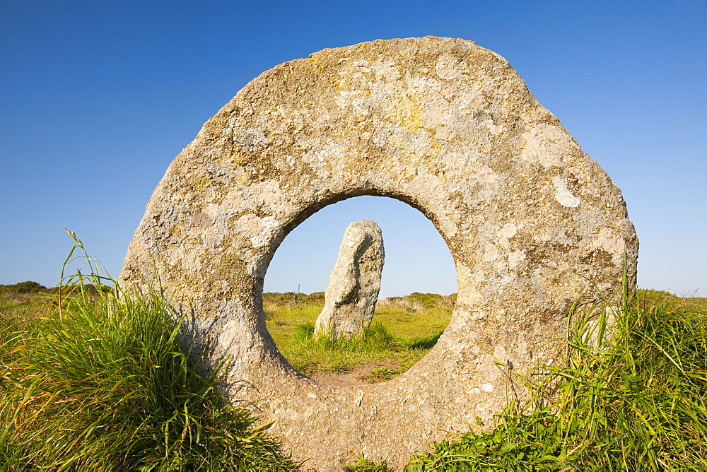 The famous Men an Tol stone near St. Just, a late Neolithic monument in Cornwall, England, United Kingdom, Europe