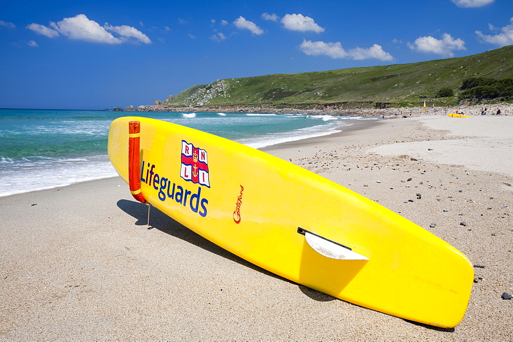 A lifeguard's surf board on the beach at Nanven Cove in Cornwall, England, United Kingdom, Europe