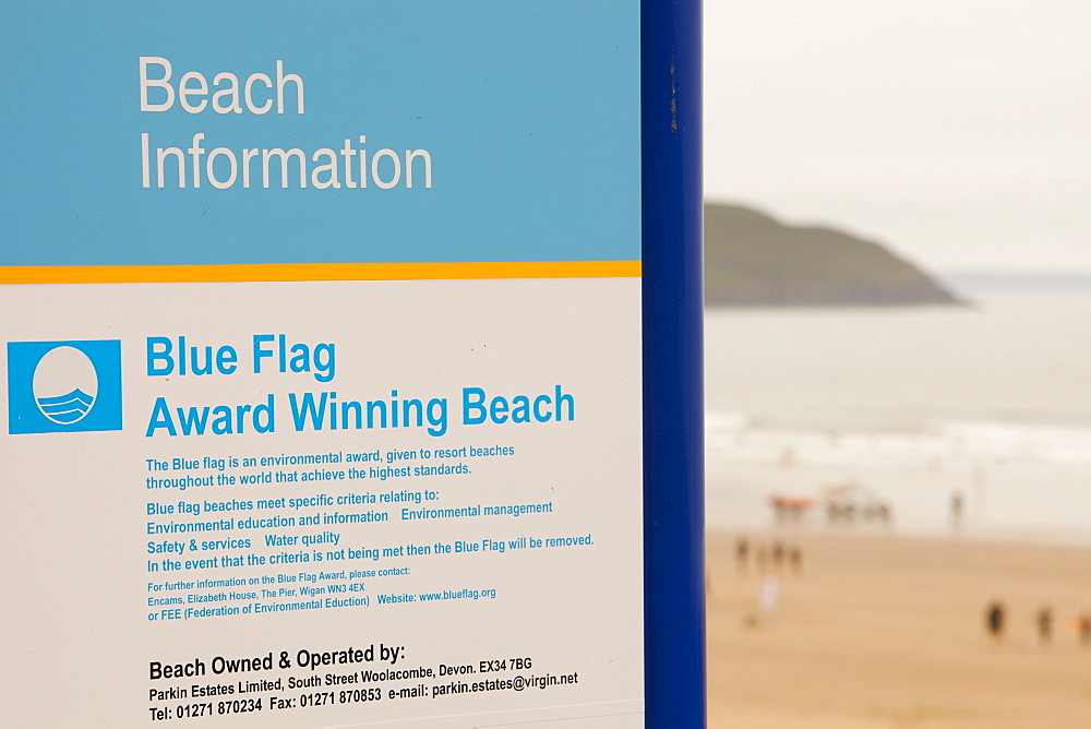 A sign on Woolacombe beach informing of its Blue Flag status for standards of cleanliness, Devon, England, United Kingdom, Europe