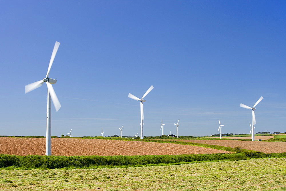 A wind farm on agricultural land in West Cornwall near St Ives, Cornwall, England, United Kingdom, Europe