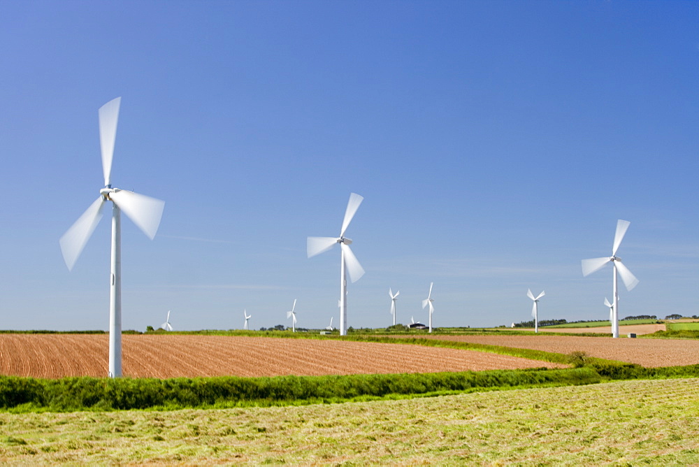 A wind farm on agricultural land in West Cornwall near St Ives, Cornwall, England, United Kingdom, Europe