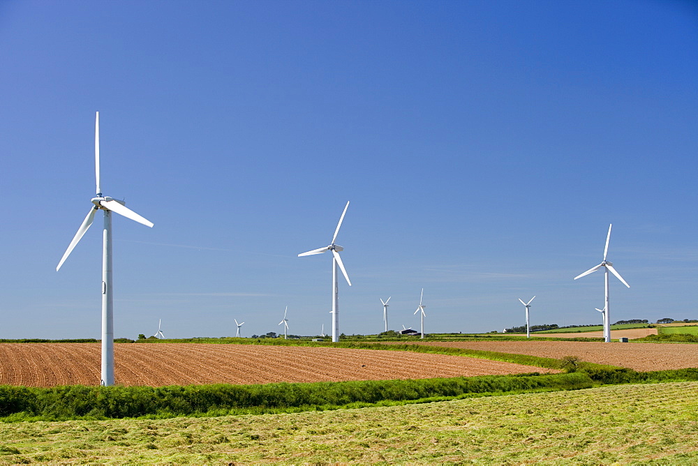 A wind farm on agricultural land in West Cornwall near St Ives, Cornwall, England, United Kingdom, Europe