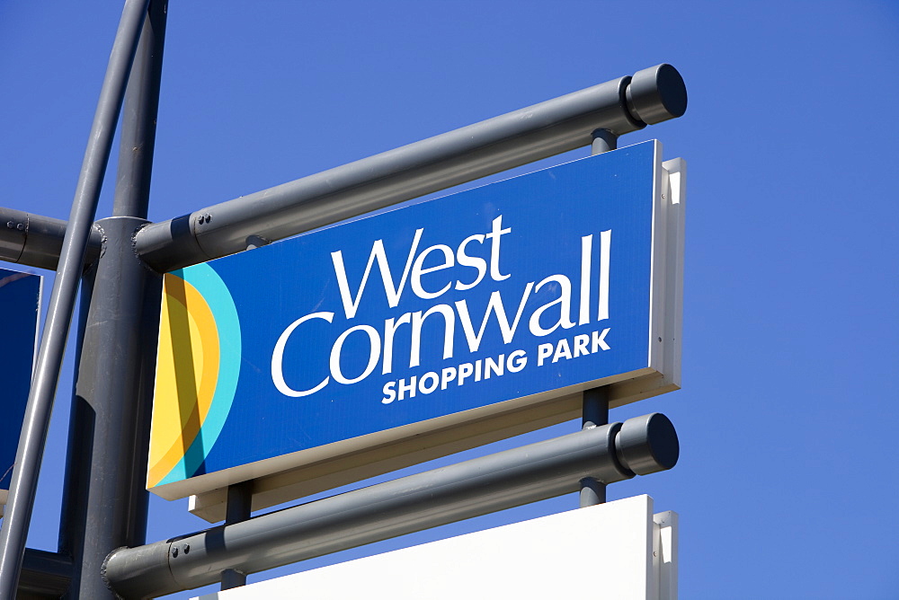 A sign for an out of town shopping centre near St. Ives in West Cornwall, England, United Kingdom, Europe