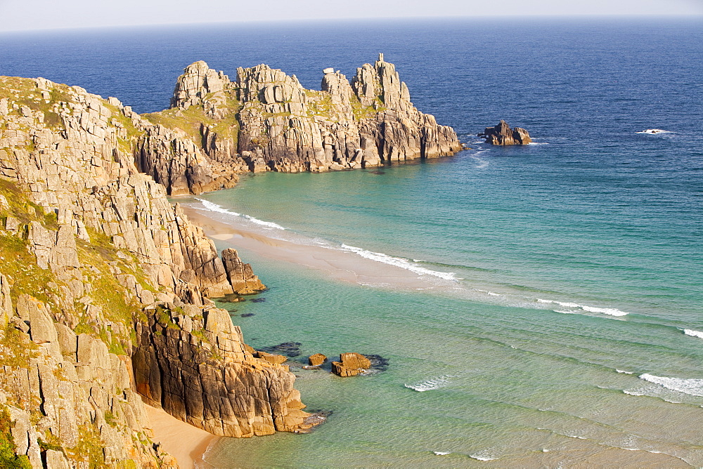 Logan Rock headland at Porthcurno in Cornwall, England, United Kingdom, Europe