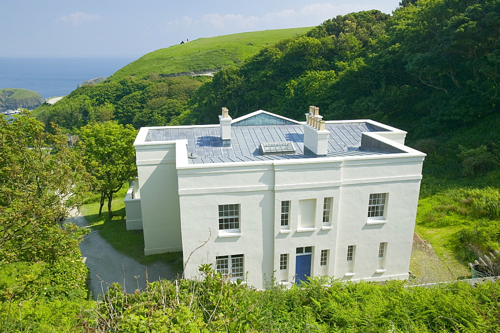 A house with a roof designed to capture rainfall for drinking water on Lundy Island, Devon, England, United Kingdom, Europe