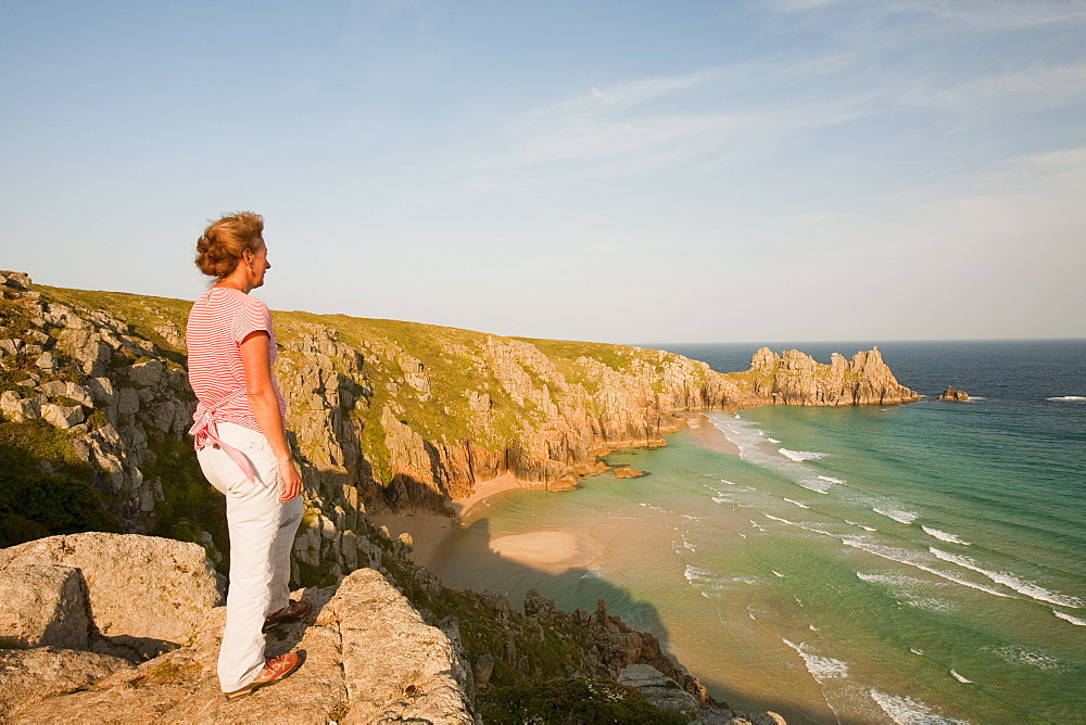 Logan Rock headland at Porthcurno in Cornwall, England, United Kingdom, Europe