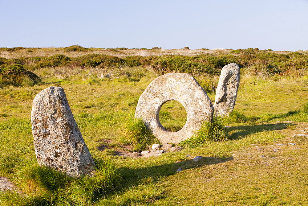 The famous Men an Tol stone near St. Just, a late Neolithic monument in Cornwall, England, United Kingdom, Europe