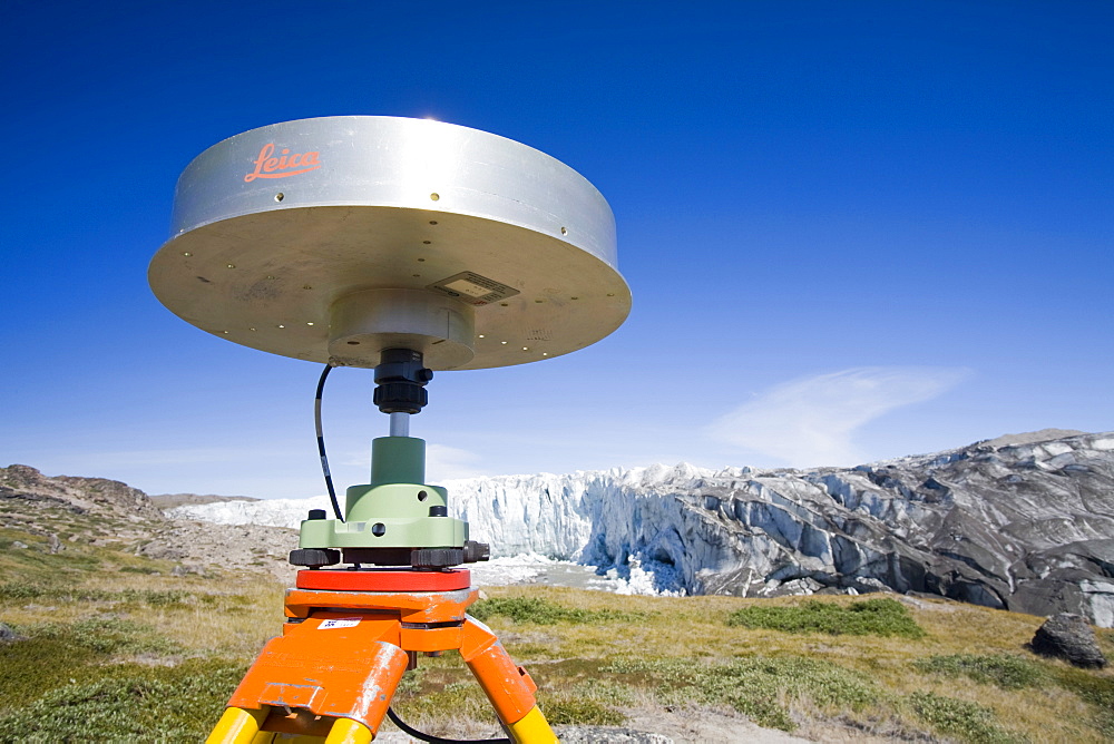 PHD scientist Ian Bartholomew's GPS equipment measuring the speed of the Russell Glacier near Kangerlussuaq Greenland, Polar Regions