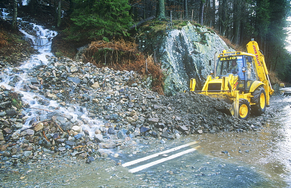 The A591 road blocked at Thirlmere by a landslide caused by extreme weather, Lake District, Cumbria, England, United Kingdom, Europe