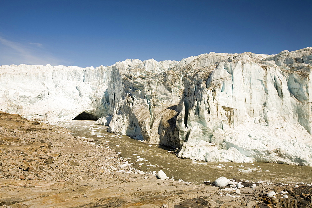 The Russell Glacier draining the Greenland icesheet inland from Kangerlussuaq on Greenland's west coast, Greenland, Polar Regions