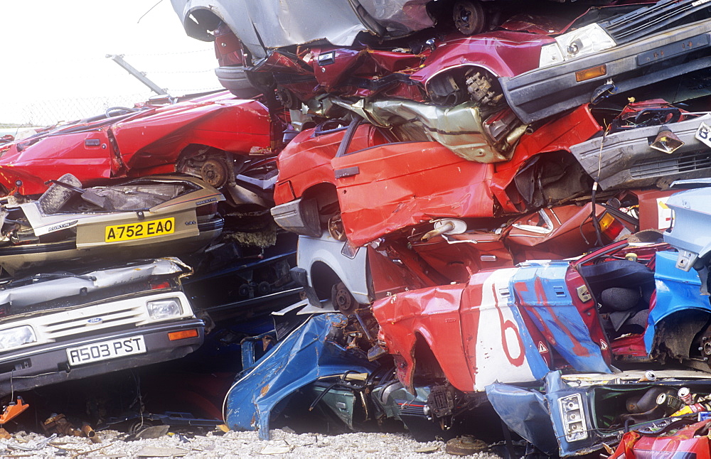 Cars at a scrap dealers in Barrow in Furness, Cumbria, England, United Kingdom, Europe