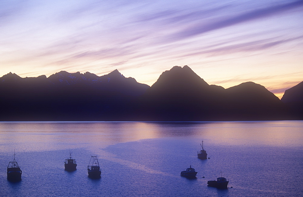 The Cuillin Ridge from Elgol on the Isle of Skye at dusk, Scotland, United Kingdom, Europe