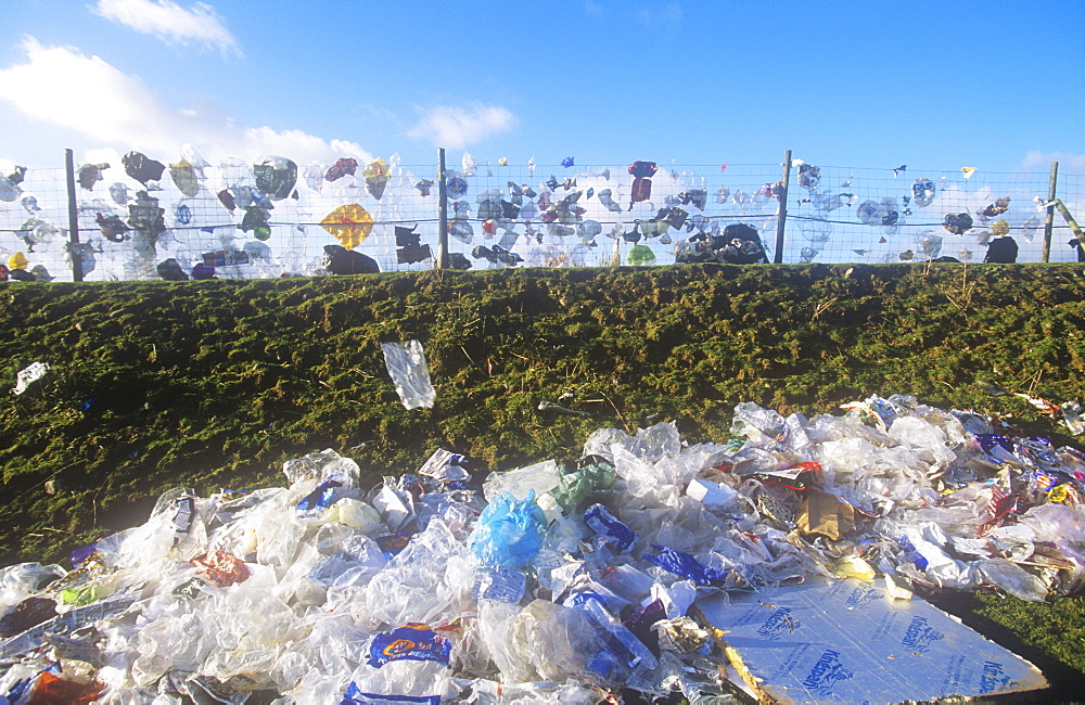 Plastic bags and packaging blown from a landfill site in Barrow in Furness, Cumbria, England, United Kingdom, Europe