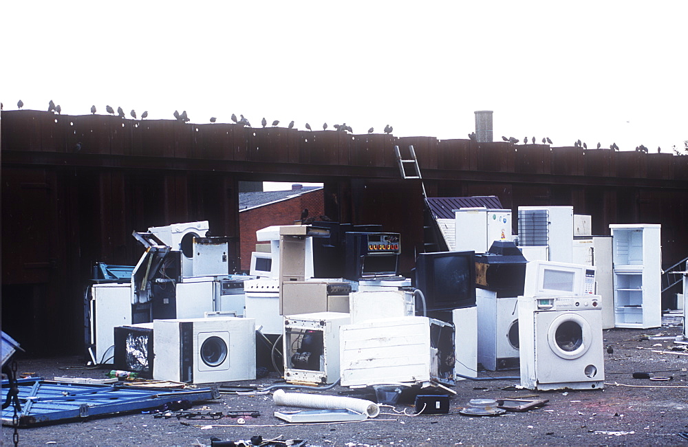 White goods at a scrap recycling plant in Oldham, Lancashire, England, United Kingdom, Europe