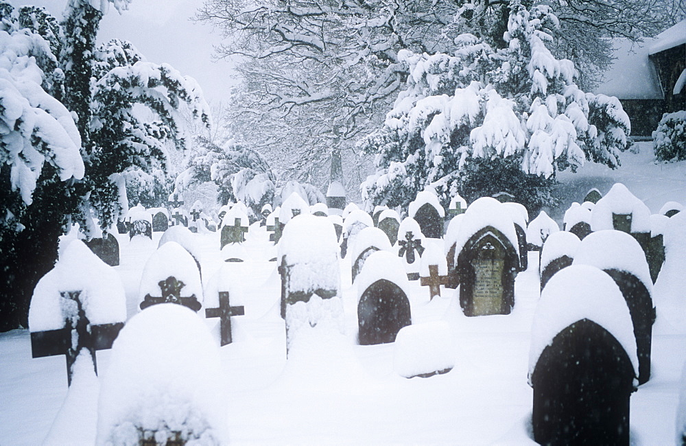 Heavy snowfall in Ambleside churchyard, Lake District, Cumbria, England, United Kingdom, Europe