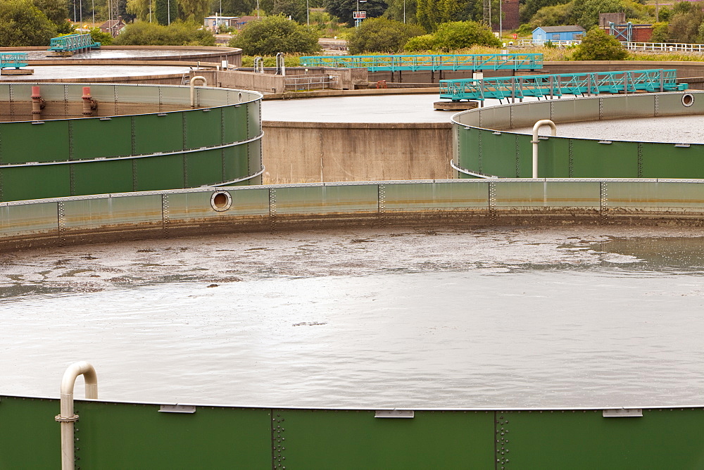 Settling tanks at Daveyhulme wastewater treatment plant (sewage works) in Manchester, England, United Kingdom, Europe