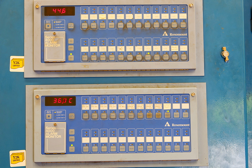 A control panel for the biogas boilers at Daveyhulme wastewater treatment plant in Manchester, England, United Kingdom, Europe