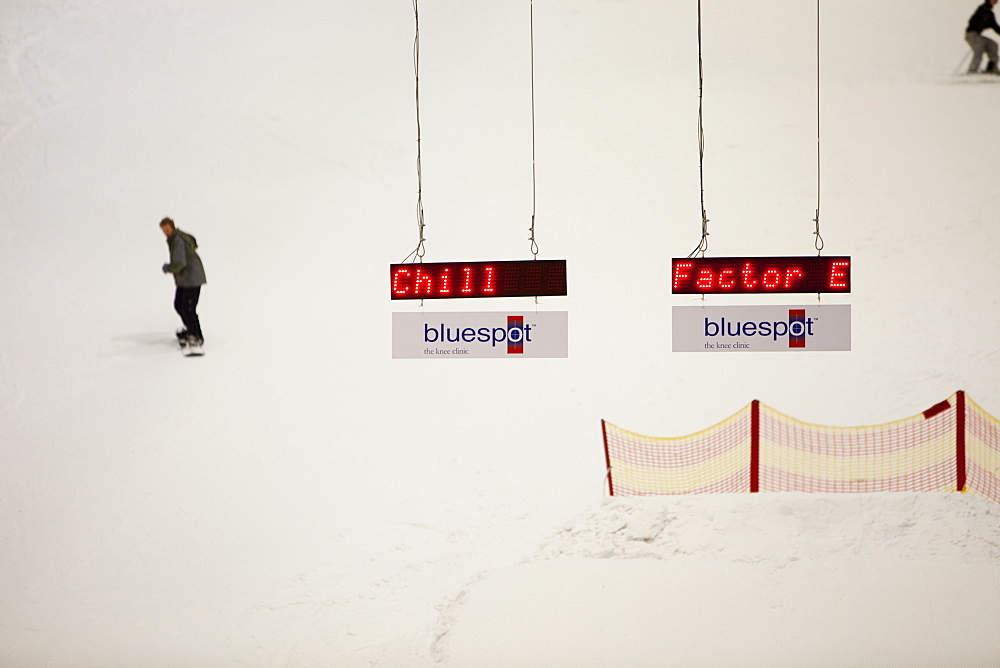 Snowboarder at the Chill Factor, an indoor skiing area in Manchester, England, United Kingdom, Europe