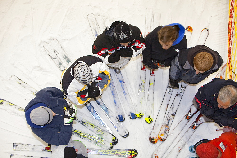 Skiers at the Chill Factor, an indoor skiing area in Manchester, England, United Kingdom, Europe