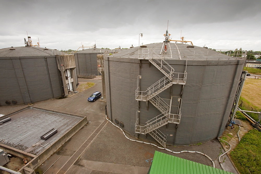 Biodigesters at United Utilities' Daveyhulme plant which processes all of Manchester's sewage, Manchester, England, United Kingdom, Europe