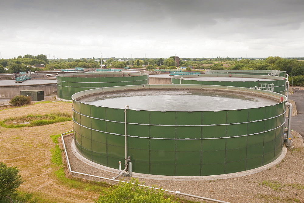 Waste water tanks at United Utilities' Daveyhulme plant which processes all of Manchester's sewage, Manchester, England, United Kingdom, Europe