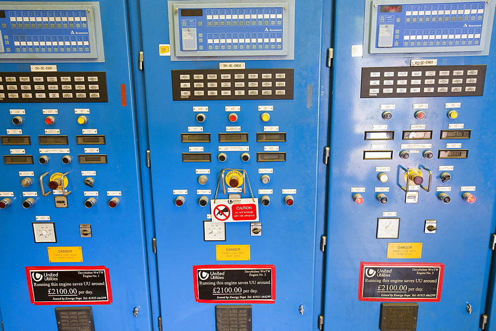 A control panels for the biogas boilers at Daveyhulme wastewater treatment plant in Manchester, England, United Kingdom, Europe