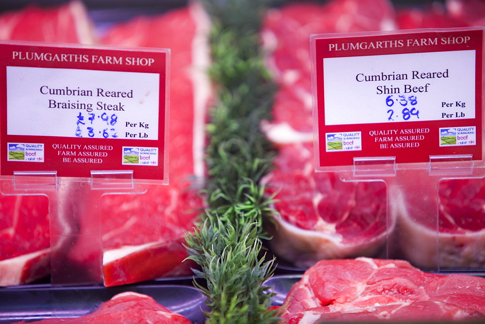 Locally reared and slaughtered meat at Plumgarths farm shop in Kendal, Cumbria, England, United Kingdom, Europe