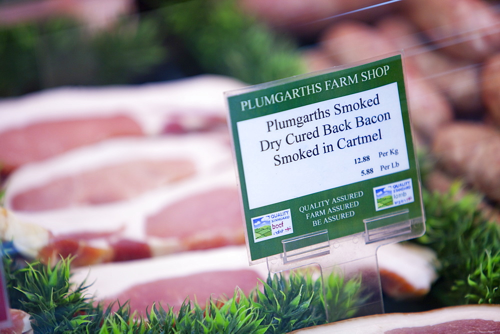 Locally produced and smoked bacon at Plumgarths farm shop in Kendal, Cumbria, England, United Kingdom, Europe