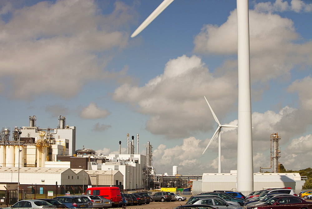 A 2 MW wind turbine producing renewable electricity in the grounds of the Eastman factory on the outskirts of Workington, Cumbria, England, United Kingdom, Europe