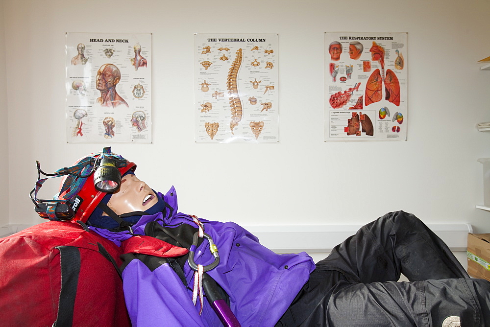 A sim man being used in a training scenario for mountain rescue volunteers, England, United Kingdom, Europe