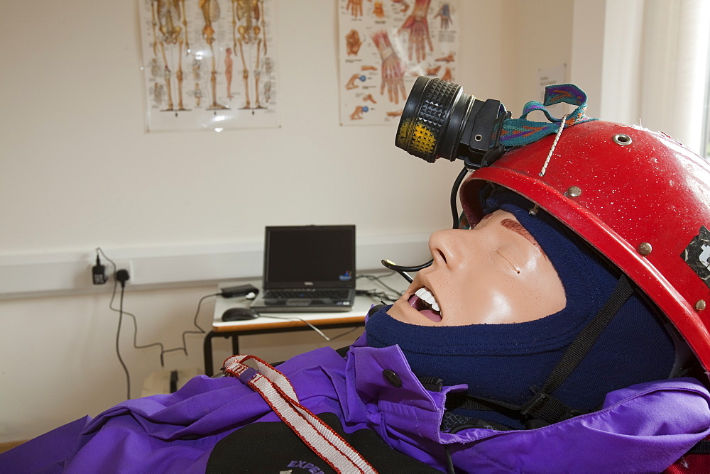 A sim man being used in a training scenario for mountain rescue volunteers, England, United Kingdom, Europe