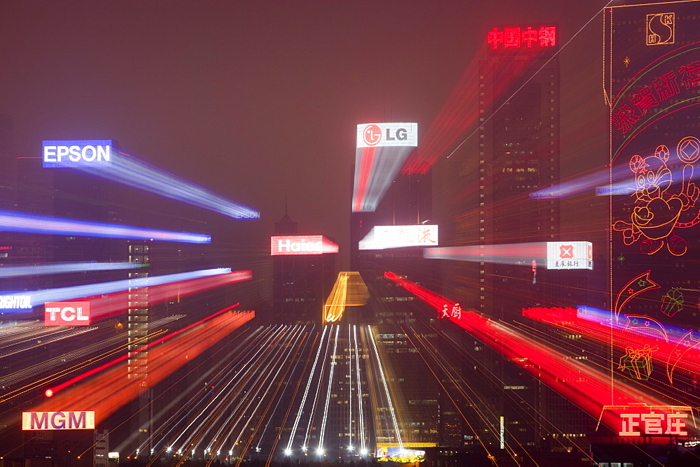 Office blocks lit up at night in Hong Kong, China, Asia