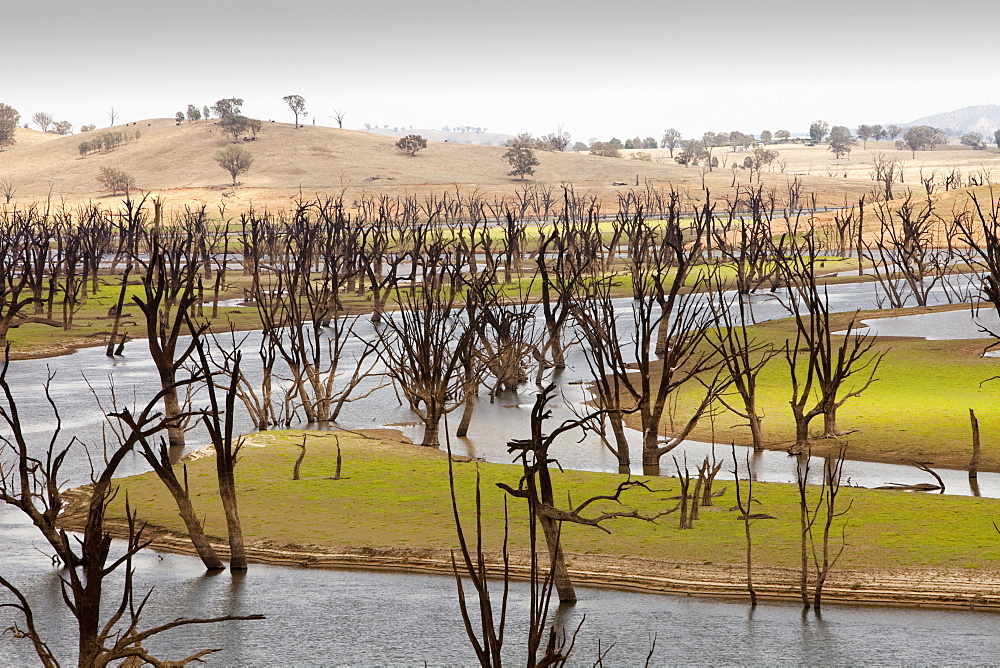 Lake Hume, the largest reservoir in Australia, at under 20% capacity after severe drought, Australia, Pacific