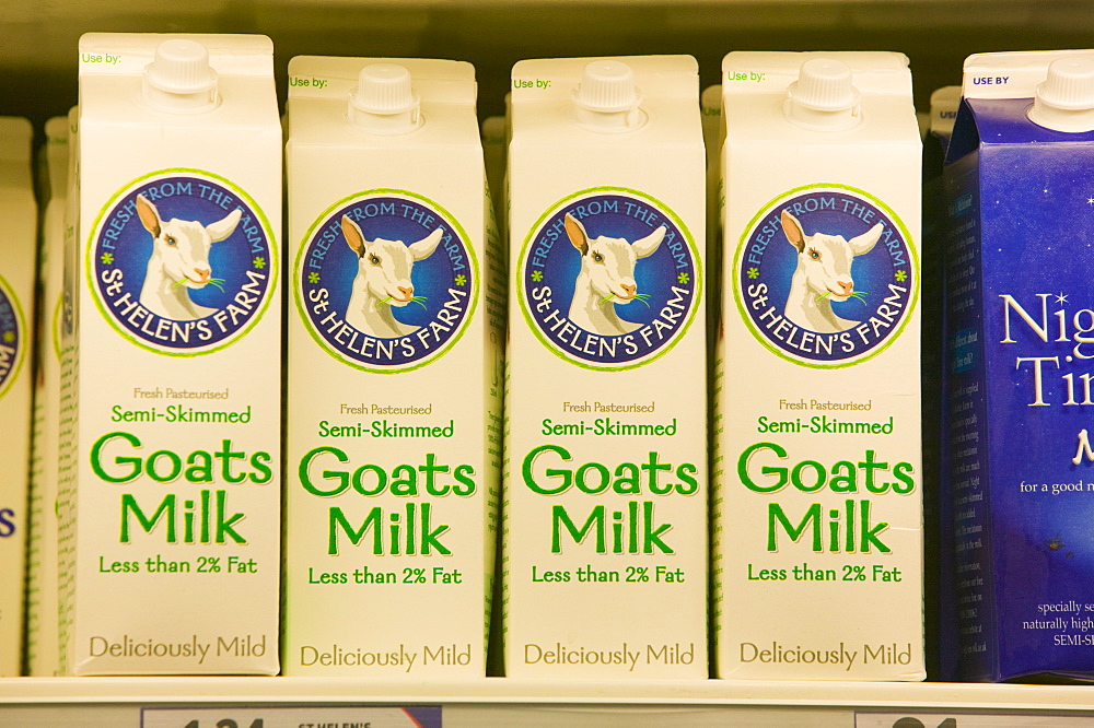 Goats milk for sale on supermarket shelves, Cumbria, England, United Kingdom, Europe