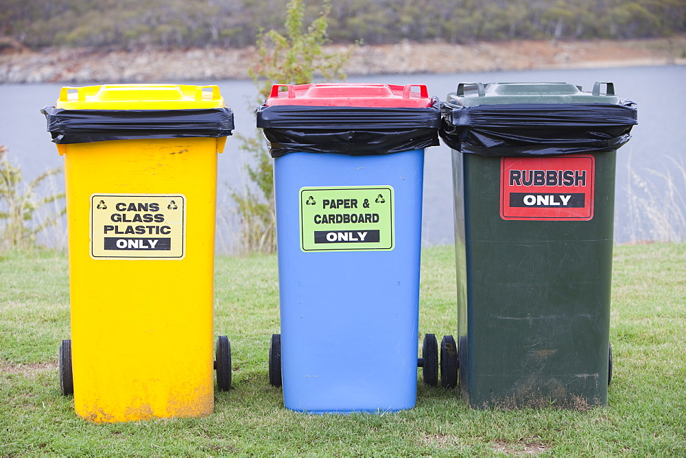 Recycling bins in Jindabyne, Snowy Mountains, New South Wales, Australia, Pacific