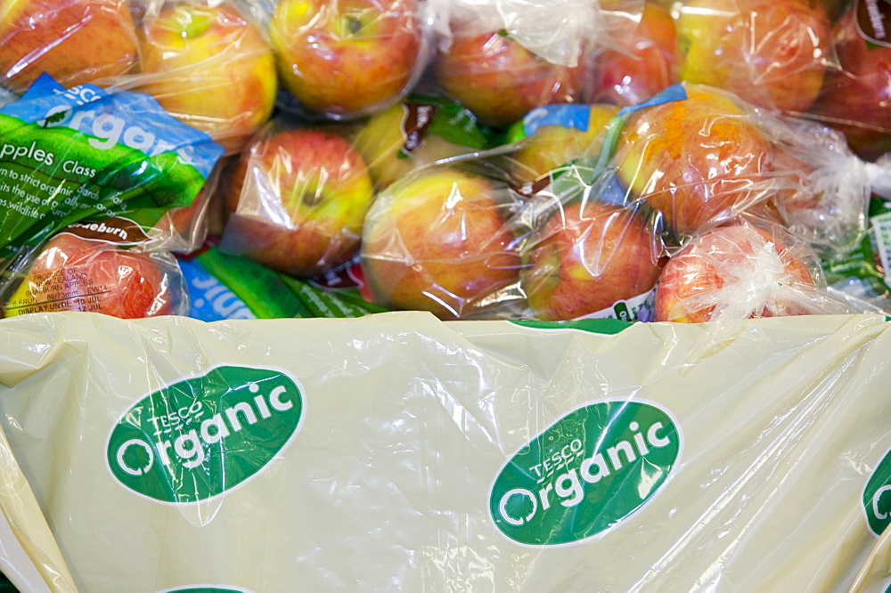 Organic apples for sale on supermarket shelves, Cumbria, England, United Kingdom, Europe